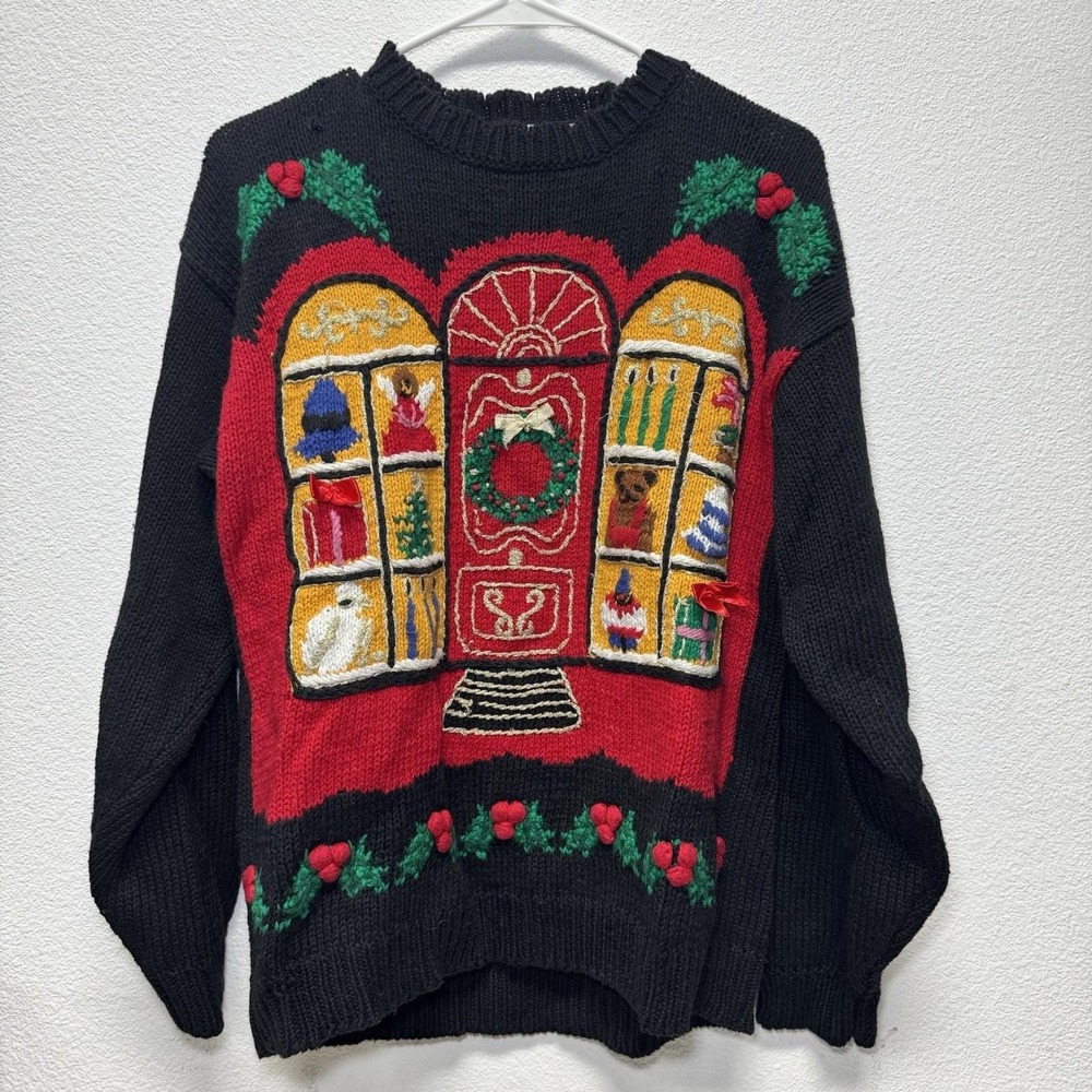 Hasting Smith‎ Ugly Christmas Sweater Holiday Window House Medium Black